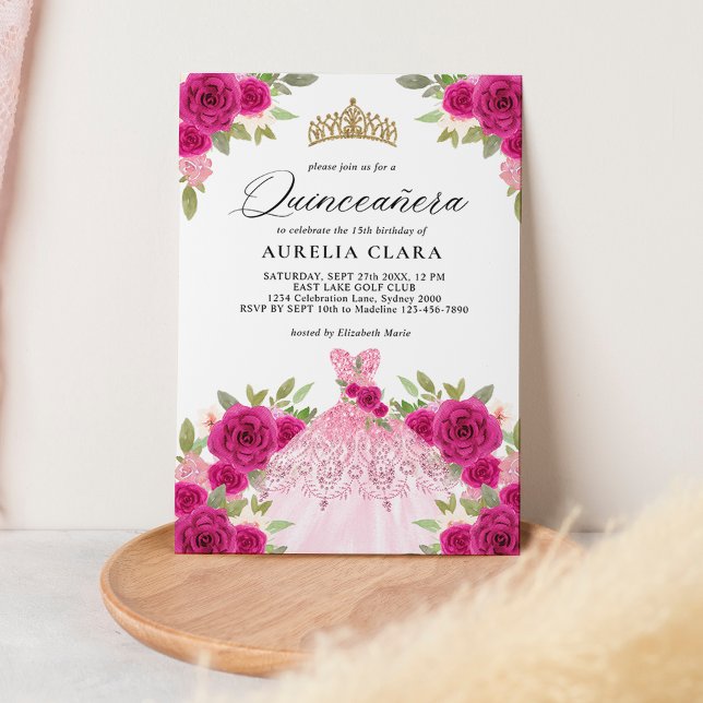 Glam Magenta Rosa Kleid Floral 15. Quinceañera Einladung (Von Creator hochgeladen)