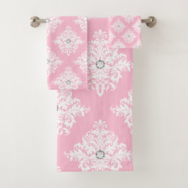Glam Mauve Pink Diamonds White Damask Badhandtuch Set