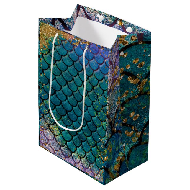 Glam Meerjungfrau Fischskala Aquamarine Lila Golds Mittlere Geschenktüte (Vorderseite Schrägansicht)