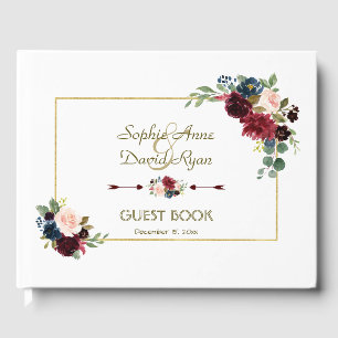 Glam Merlot Navy Blue Floral Wedding Gästebuch