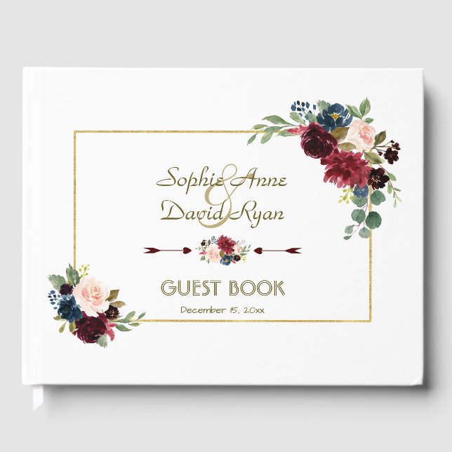 Glam Merlot Navy Blue Floral Wedding Gästebuch (Vorderseite)