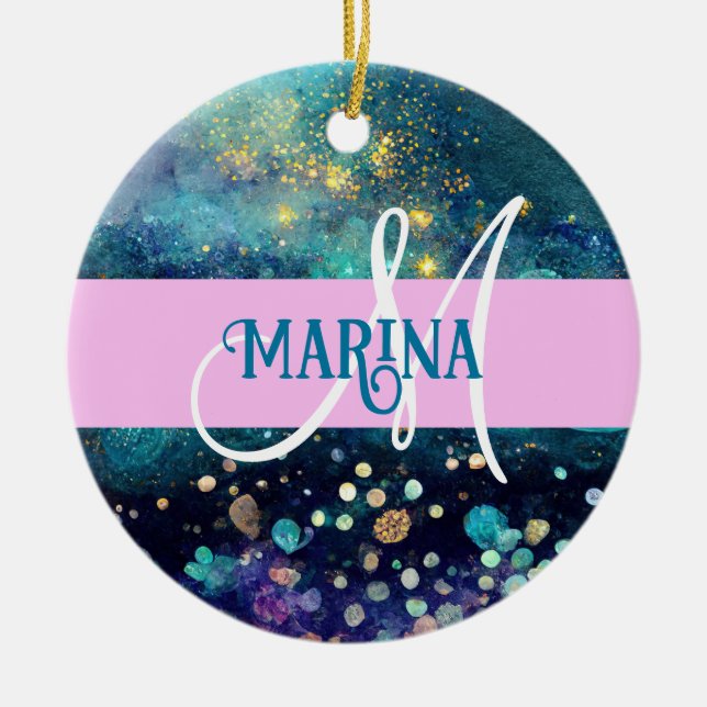 Glam Mermaid Aqua Gold Glitzer Glitzern Monogram Keramik Ornament (Vorne)