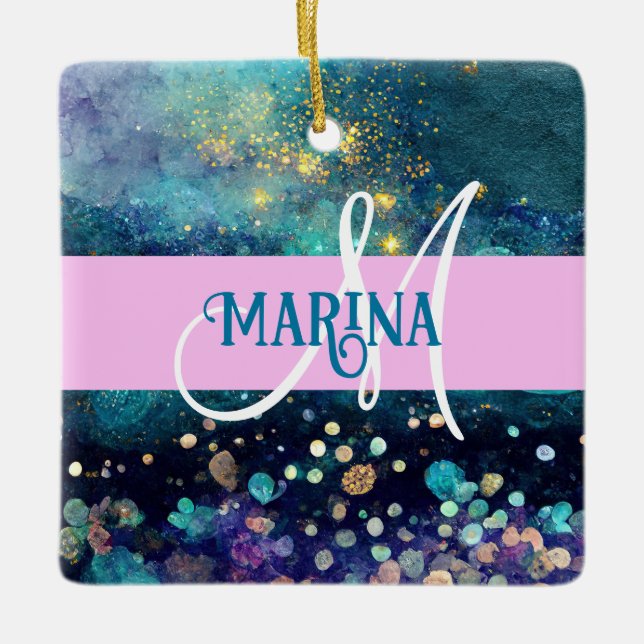 Glam Mermaid Aqua Gold Glitzer Glitzern Monogram Keramikornament (Vorderseite)