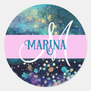 Glam Mermaid Aqua Gold Glitzer Glitzern Monogram Runder Aufkleber