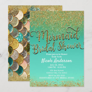 Glam Mermaid Brautparty Gold Glitzer & Aquamarin Einladung