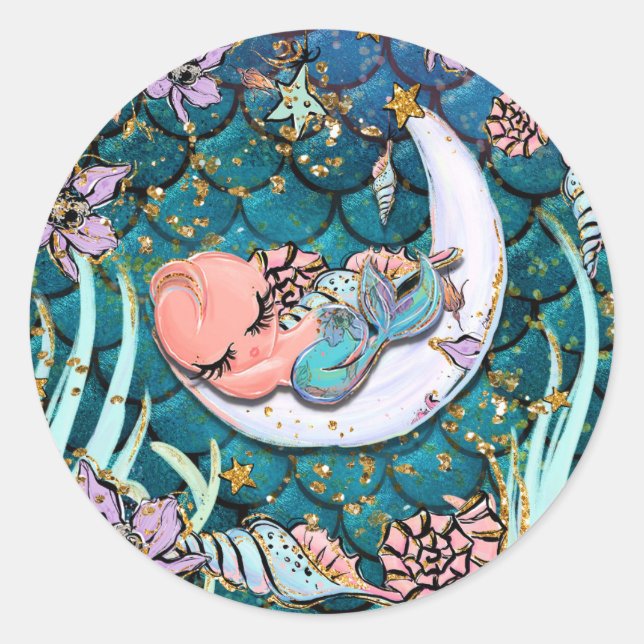 Glam Mermaid Gold Glitzer Boys Babydusche Runder Aufkleber (Vorderseite)