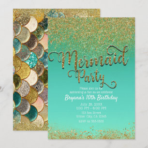 Glam Mermaid Party Gold Glitzer & Aquamarin Geburt Einladung