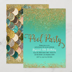 Glam Mermaid Pool Party Gold Glitzer Aquamarin Geb Einladung
