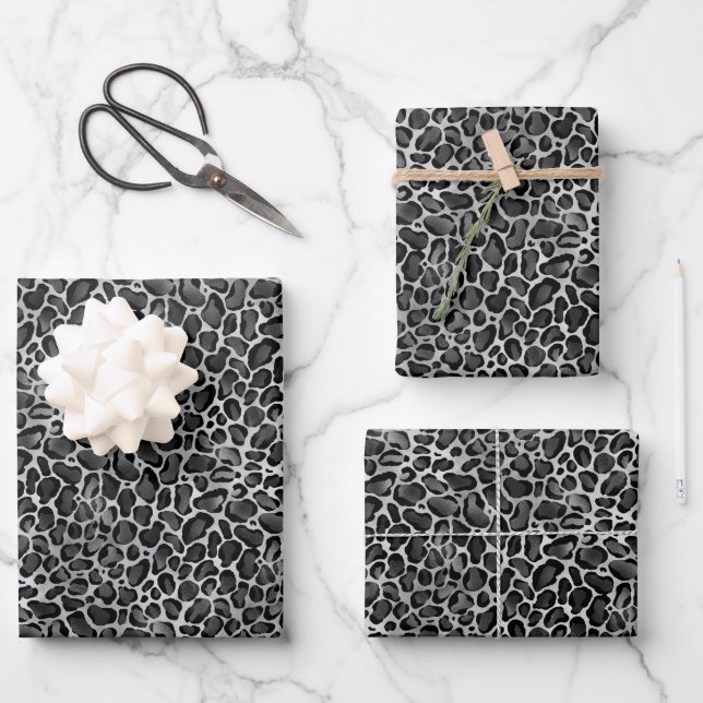 Glam Metallic Silber Leopard Print Geschenkpapier Set (Vorderseite)