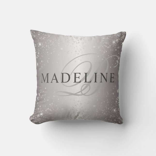 Glam Metallic Silver Glitzer Anpassbarer Name Kissen (Vorderseite)