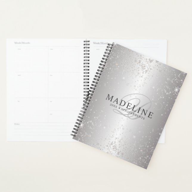 Glam Metallic Silver Glitzer Anpassbarer Name Planer (Anzeige)
