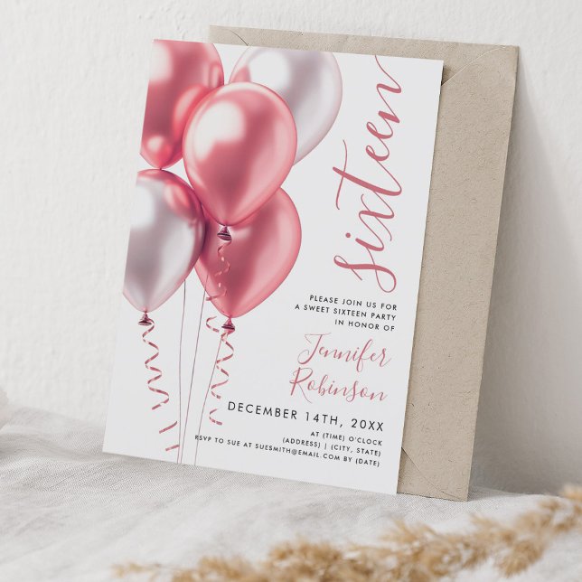 Glam Minimal Blush Pink Balloons Sweet 16 Birthday Einladung (Glam Minimal Blush Pink Balloons Sweet 16 Birthday Invitation)