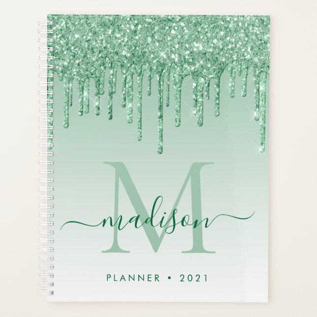 Glam Mint Green Glitzer Tropfen Girly Monogram 202 Planer (Vorderseite)