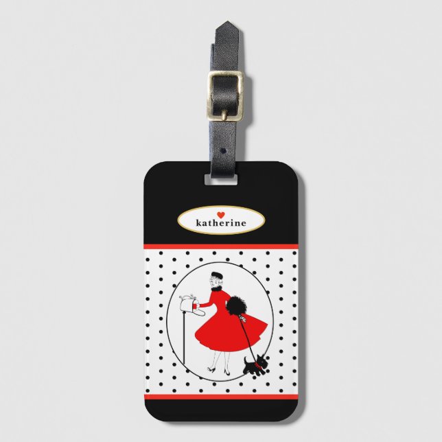 Glam Modern Retro Lady mit Scottie Dog Travel Gepäckanhänger (Vorderseite Vertikal)
