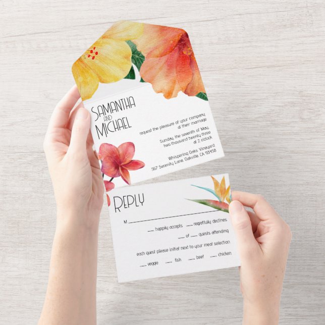 Glam Modern Tropical Chic Wedding All In One Einladung (Abreißen)