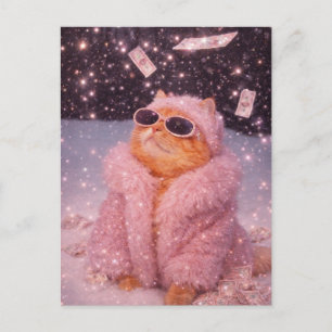 Glam Money Cat in rosa Pelzmantel und Sonnenbrille Postkarte
