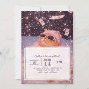 Glam Money Katze in rosa Pelzmantel und Sonnenbril Einladung