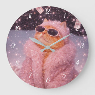 Glam Money Katze in rosa Pelzmantel und Sonnenbril Große Wanduhr
