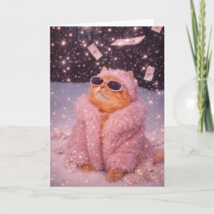 Glam Money Katze in rosa Pelzmantel und Sonnenbril Karte