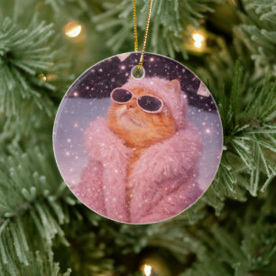 Glam Money Katze in rosa Pelzmantel und Sonnenbril Keramik Ornament