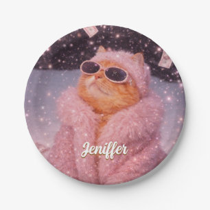 Glam Money Katze in rosa Pelzmantel und Sonnenbril Pappteller