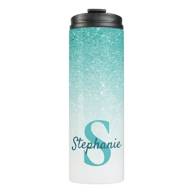 Glam Monogram Glitzer Aquamarin Ombre Thermosbecher (Vorderseite)