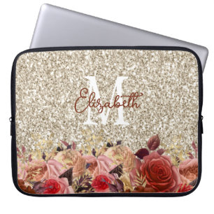 Glam Monogram Rose Gold Blume Light Gold Glitzer Laptopschutzhülle
