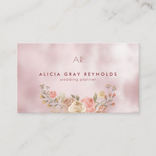 Glam Monogram Rose Gold Floral Wedding Planner Visitenkarte (Vorderseite)