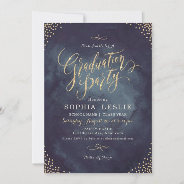 Glam-Nachtgoldkalligraphie-Graduierungsparty Einladung (Vorderseite)