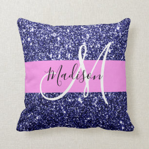 Glam Navy Blau Pink Glitter Funkeln Name Monogramm Kissen