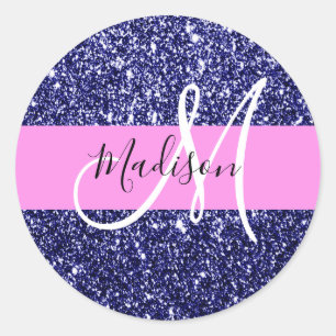 Glam Navy Blau Pink Glitter Funkeln Name Monogramm Runder Aufkleber