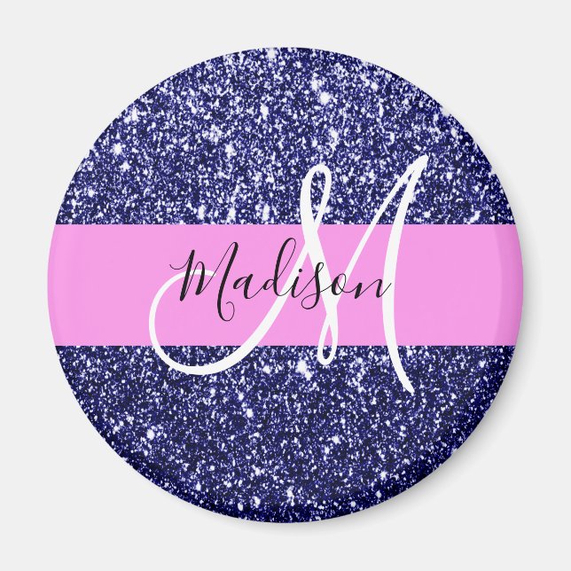 Glam Navy Blau Pink Glitter Funkeln Namen Monogram Magnet (Vorne)
