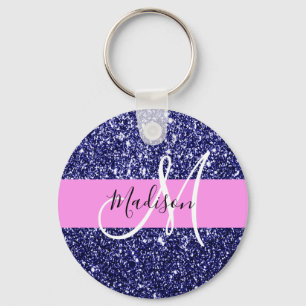 Glam Navy Blau Pink Glitzer Funkeln Namensmonogram Schlüsselanhänger