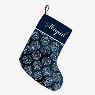 Glam Navy Blau Silber Damast Personalisiert Kleiner Weihnachtsstrumpf