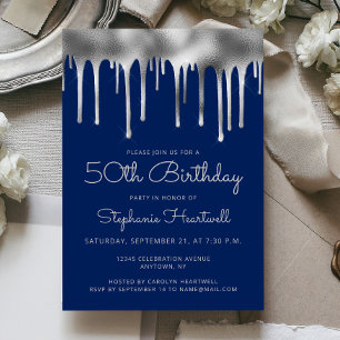 Glam Navy Blau Silber tropfende Folie 50. Geburtst Einladung