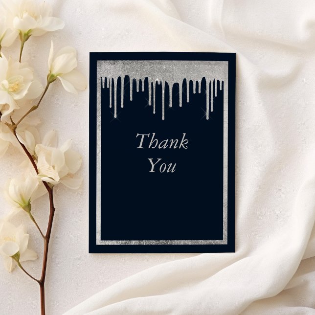 Glam navy blauen silbernen Glitzer Tropfen 50. Geb Dankeskarte (Glam navy blue silver glitter drips 50th Birthday Thank You )