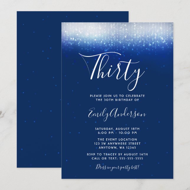 Glam Navy Blue 30. Geburtstag Einladung (Vorne/Hinten)