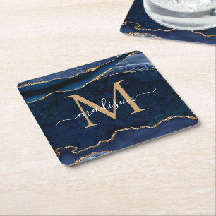 Glam Navy Blue Gold Agate Geode Glitzer Monogram Rechteckiger Pappuntersetzer