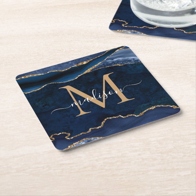 Glam Navy Blue Gold Agate Geode Glitzer Monogram Rechteckiger Pappuntersetzer (angewinkelt)
