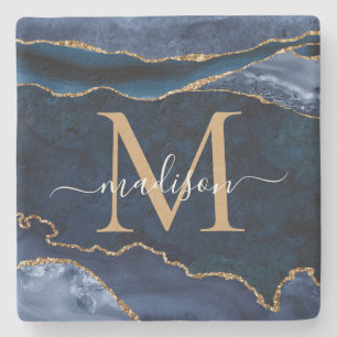 Glam Navy Blue Gold Agate Geode Glitzer Monogram Steinuntersetzer