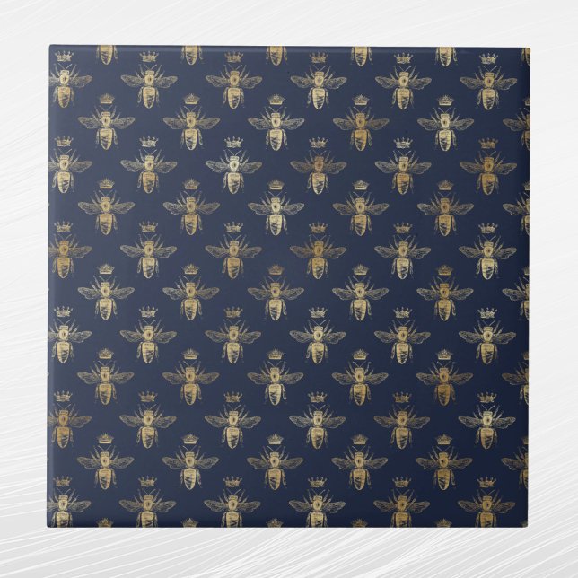 Glam Navy Blue Gold Bees Crown Fliese (Von Creator hochgeladen)