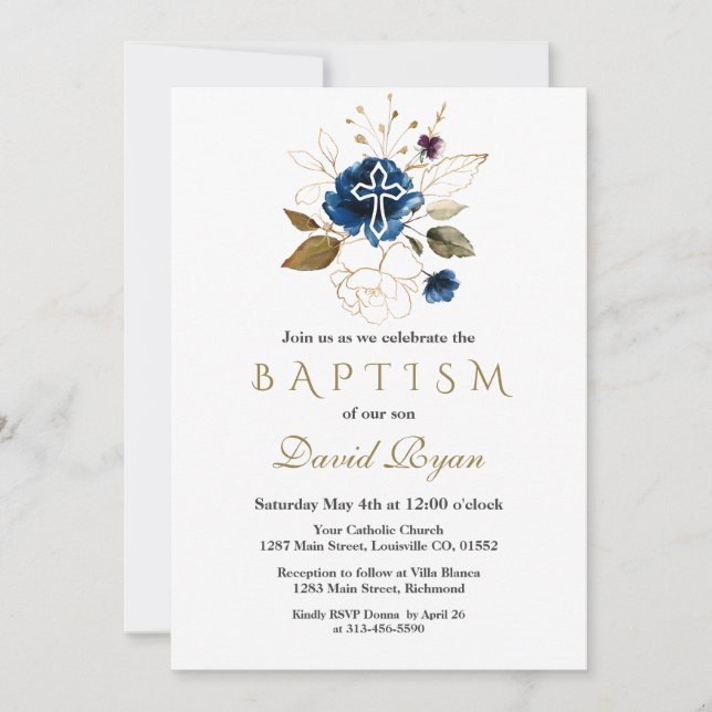 Glam Navy Blue Gold Floral White Cross Taufe Einladung (Vorderseite)