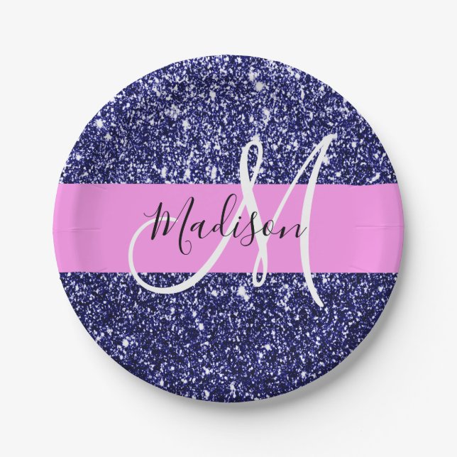 Glam Navy Blue Pink Glitzer Glitzern Name Monogram Pappteller (Vorderseite)