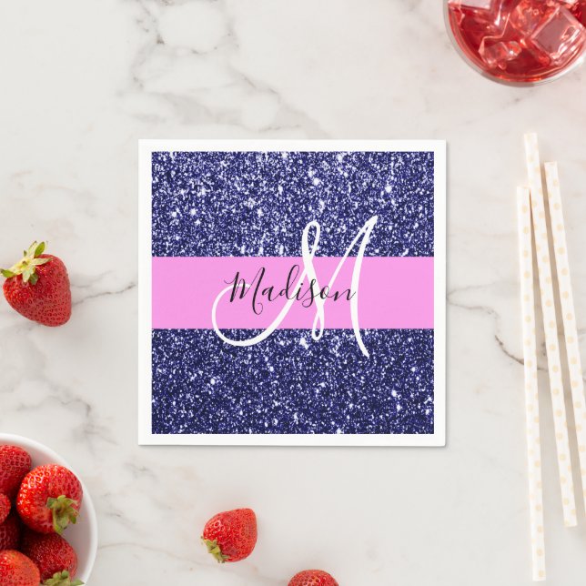 Glam Navy Blue Pink Glitzer Glitzern Name Monogram Serviette (Beispiel)