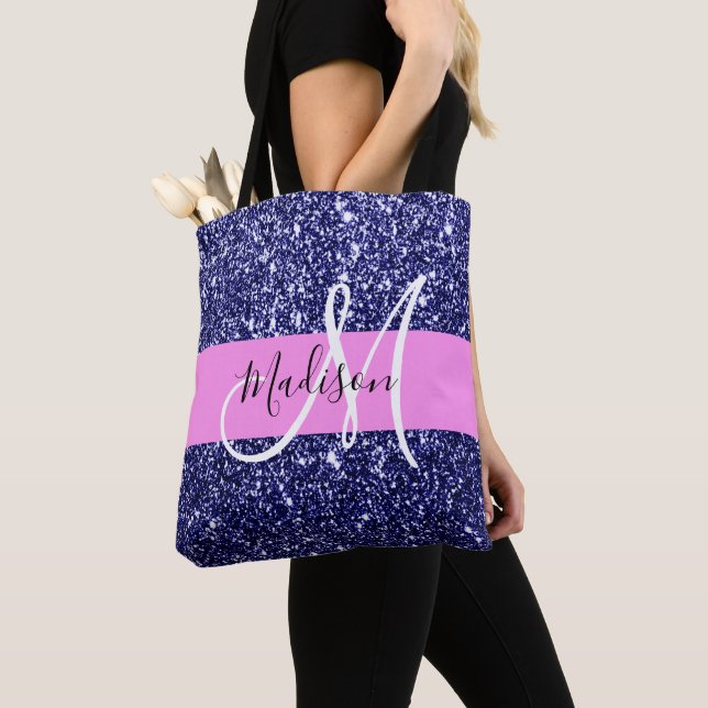 Glam Navy Blue Pink Glitzer Glitzern Name Monogram Tasche (Von Nahem)
