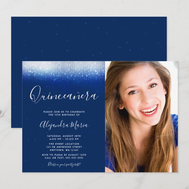 Glam Navy Blue Quinceanera Foto Einladung (Vorne/Hinten)