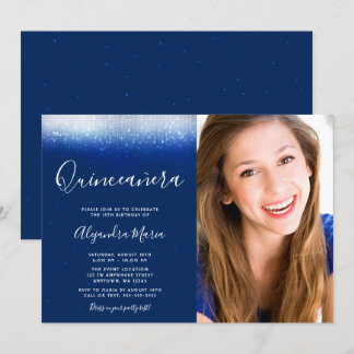 Glam Navy Blue Quinceanera Foto Einladung