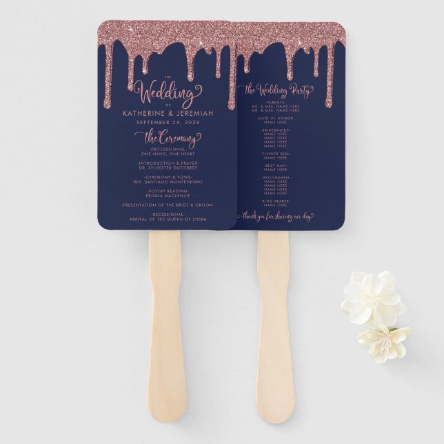 Glam Navy Blue Rose Gold Wedding Program Fächer (Vorne und Hinten)
