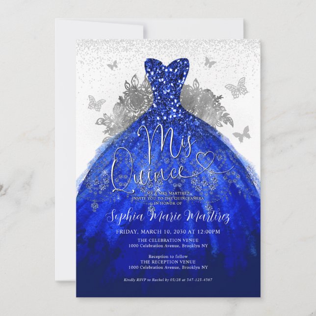 Glam Navy Blue Silver Dress Mis Quince Quinceañera Einladung (Vorderseite)