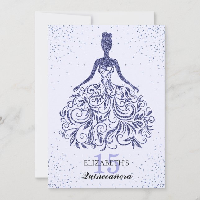 Glam Navy Blue Sparkle Dress Quinceañera Glitzer Einladung (Vorderseite)